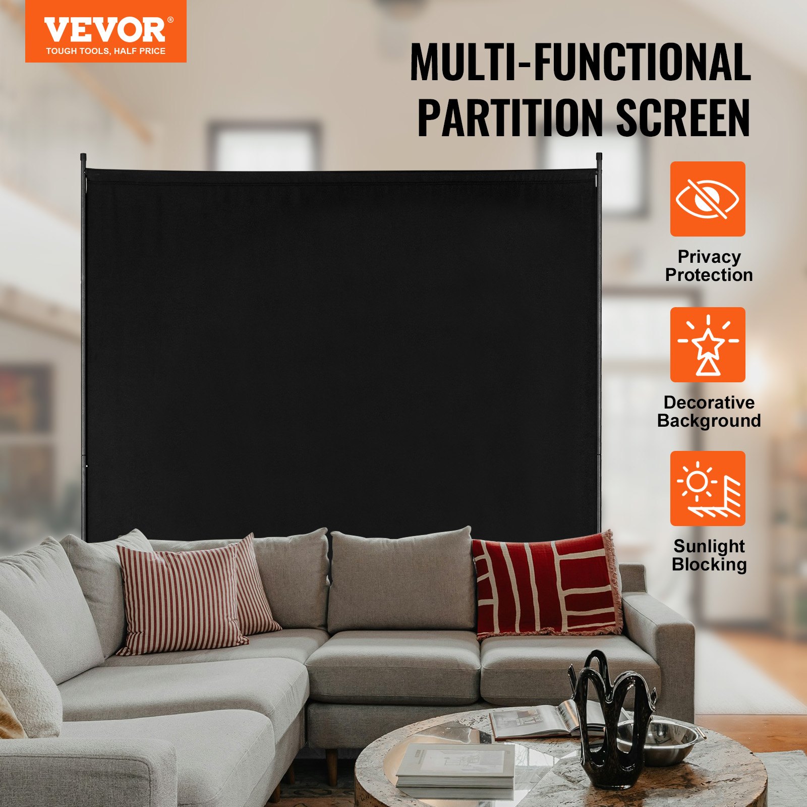 VEVOR Room Divider Single Panel Folding Screen Partition Wall, 1.8 m Privacy Screen for Indoor Use, Room Divider, Freestanding Room Divider for Office Bedroom Black