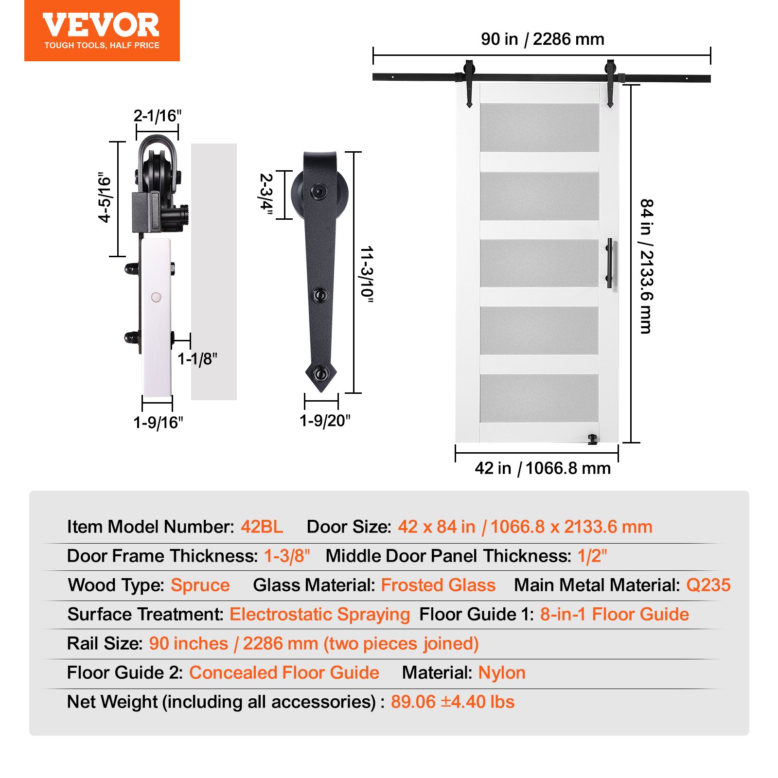 VEVOR Juego de herrajes y puertas de granero Sistema de puerta corredera, puerta corrediza de vidrio de madera de 1067 x 2134 mm Juego de puerta de granero silenciosa con guía de piso 8 en 1 y manija de puerta, panel de madera de abeto y vidrio esmerilado
