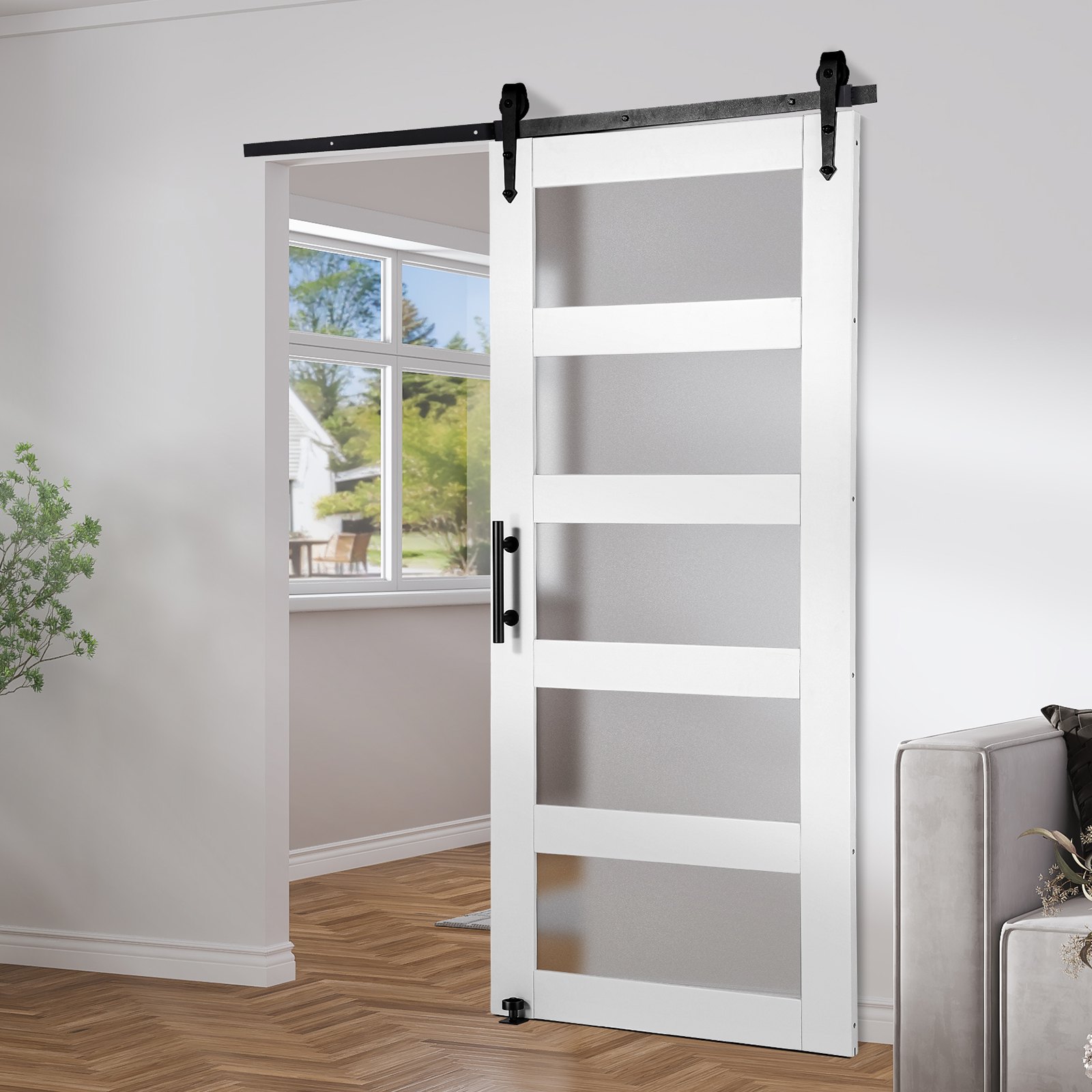 VEVOR Barn Door and Hardware Set Sliding Door System, 1067 x 2134 mm Wood and Glass Sliding Door, Quiet, Barn Door Set with 8-in-1 Floor Guide and Door Handle, Spruce Wood Panel and Frosted Glass