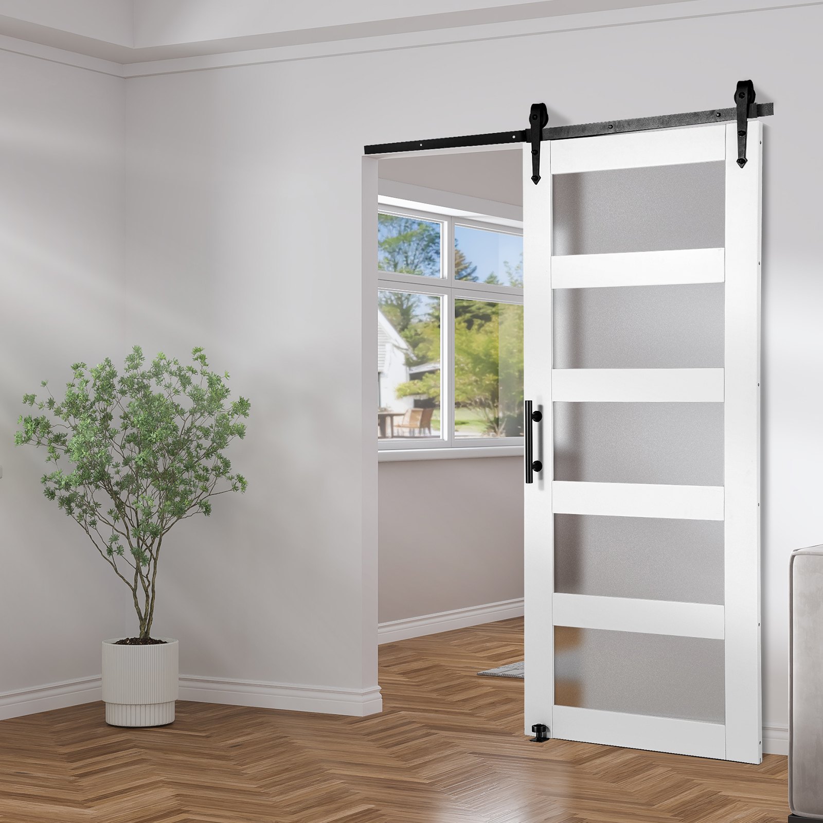 VEVOR Juego de herrajes y puertas de granero Sistema de puerta corrediza Puerta corrediza de vidrio de madera de 36" x 80" Juego de puerta de granero silenciosa con guía de piso 8 en 1 y manija de puerta Panel de abeto y sala de estar de vidrio esmerilado