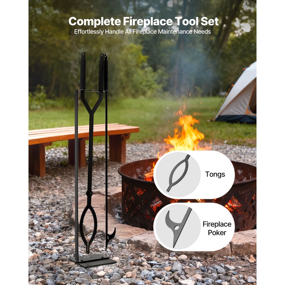 VEVOR Juego de Herramientas para Chimenea, 3 Piezas, con Soporte, Pinzas y Atizador, Hierro Forjado, para Fogatas en el Patio, Interior y Exterior, Color Negro, en Forma C, 1050 x 185 x 185 mm