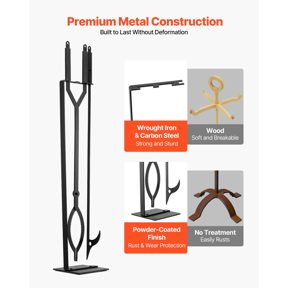 VEVOR Juego de Herramientas para Chimenea, 3 Piezas, con Soporte, Pinzas y Atizador, Hierro Forjado, para Fogatas en el Patio, Interior y Exterior, Color Negro, en Forma C, 1050 x 185 x 185 mm