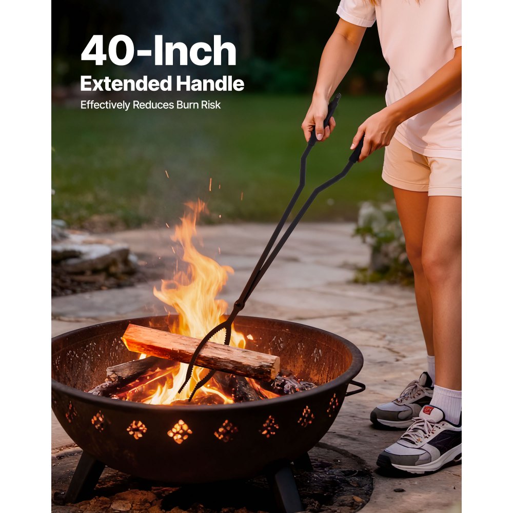 VEVOR Juego de Herramientas para Chimenea, 3 Piezas, con Soporte, Pinzas y Atizador, Hierro Forjado, para Fogatas en el Patio, Interior y Exterior, Color Negro, en Forma C, 1050 x 185 x 185 mm