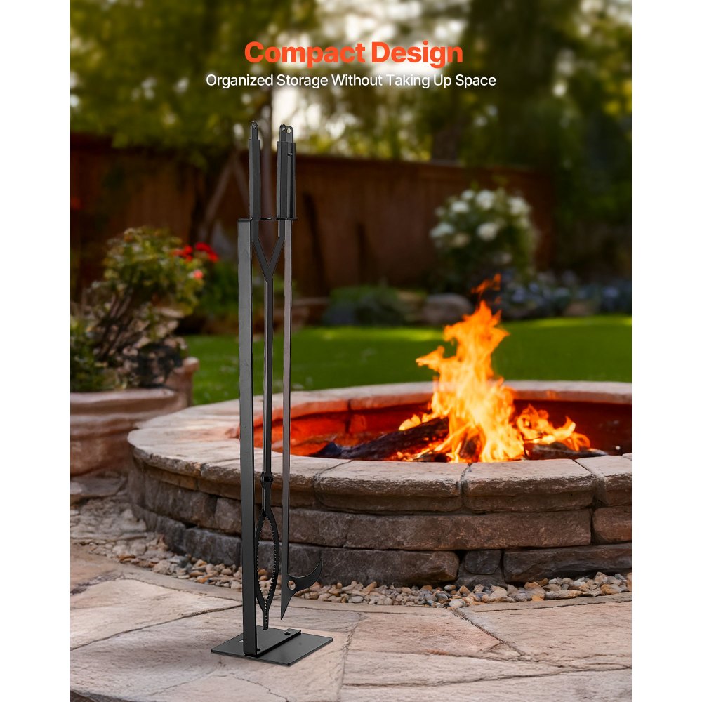 VEVOR Juego de Herramientas para Chimenea, 3 Piezas, con Soporte, Pinzas y Atizador, Hierro Forjado, para Fogatas en el Patio, Interior y Exterior, Color Negro, en Forma C, 1050 x 185 x 185 mm