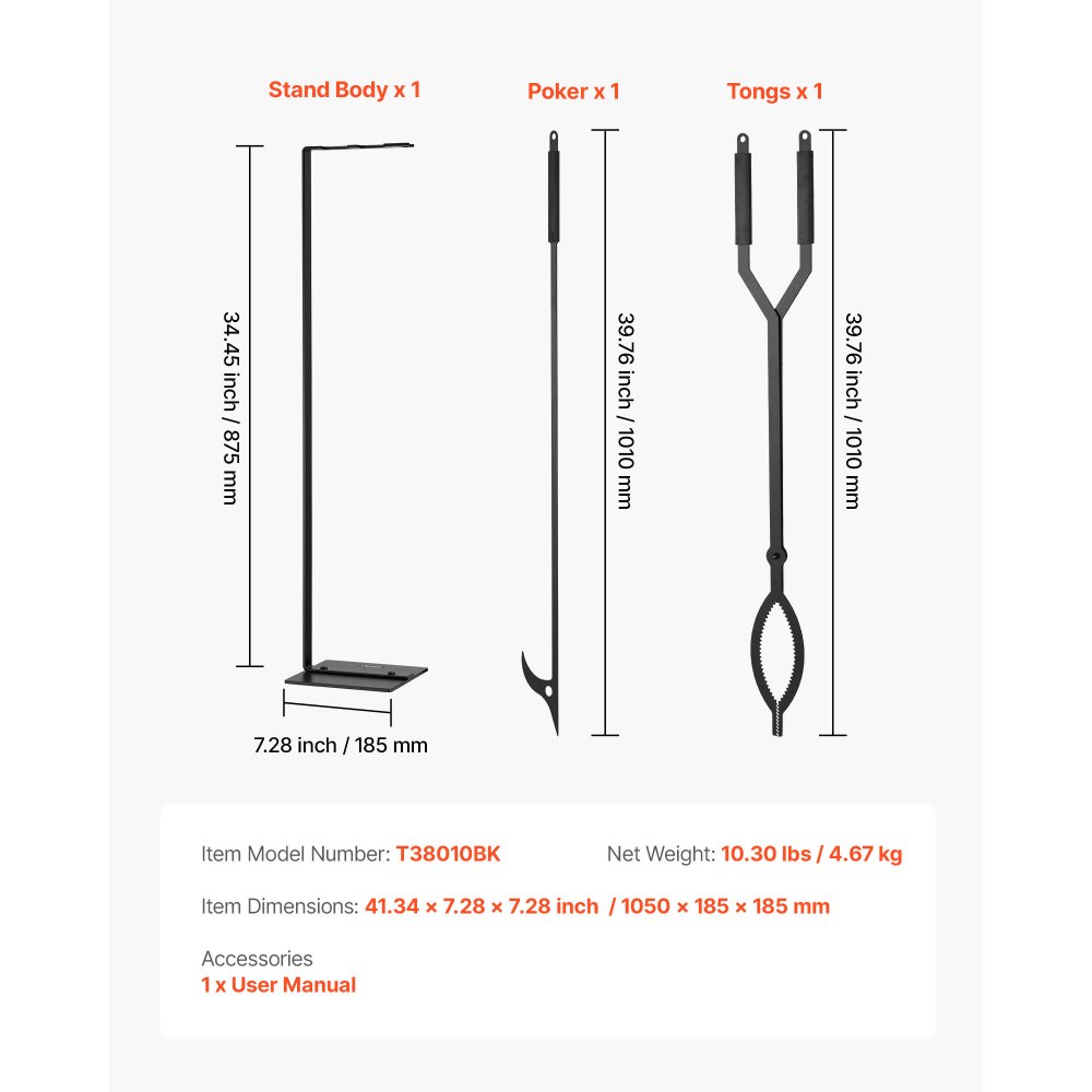 VEVOR Juego de Herramientas para Chimenea, 3 Piezas, con Soporte, Pinzas y Atizador, Hierro Forjado, para Fogatas en el Patio, Interior y Exterior, Color Negro, en Forma C, 1050 x 185 x 185 mm