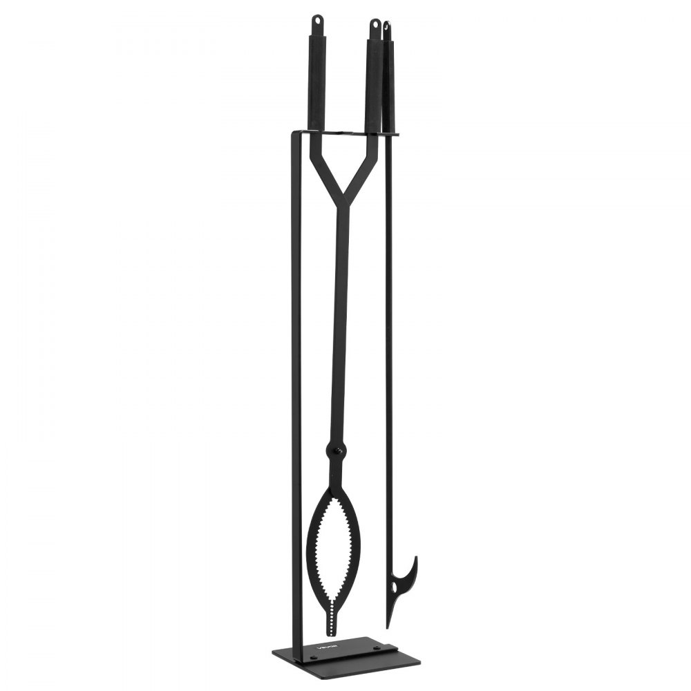 VEVOR Juego de Herramientas para Chimenea, 3 Piezas, con Soporte, Pinzas y Atizador, Hierro Forjado, para Fogatas en el Patio, Interior y Exterior, Color Negro, en Forma C, 1050 x 185 x 185 mm