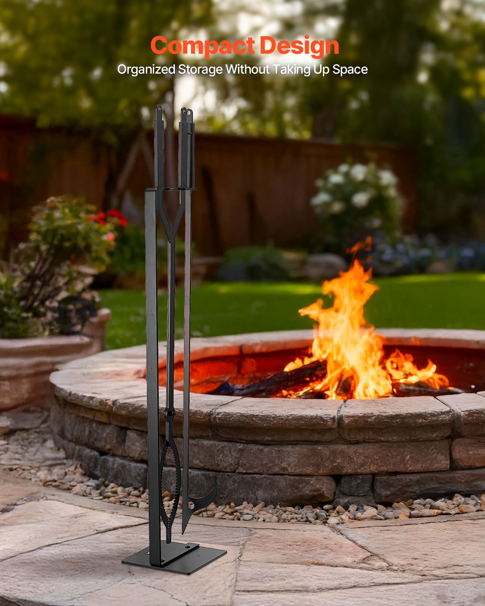 VEVOR Juego de Herramientas para Chimenea, 3 Piezas, con Soporte, Pinzas y Atizador, Hierro Forjado, para Fogatas en el Patio, Interior y Exterior, Color Negro, en Forma C, 1050 x 185 x 185 mm