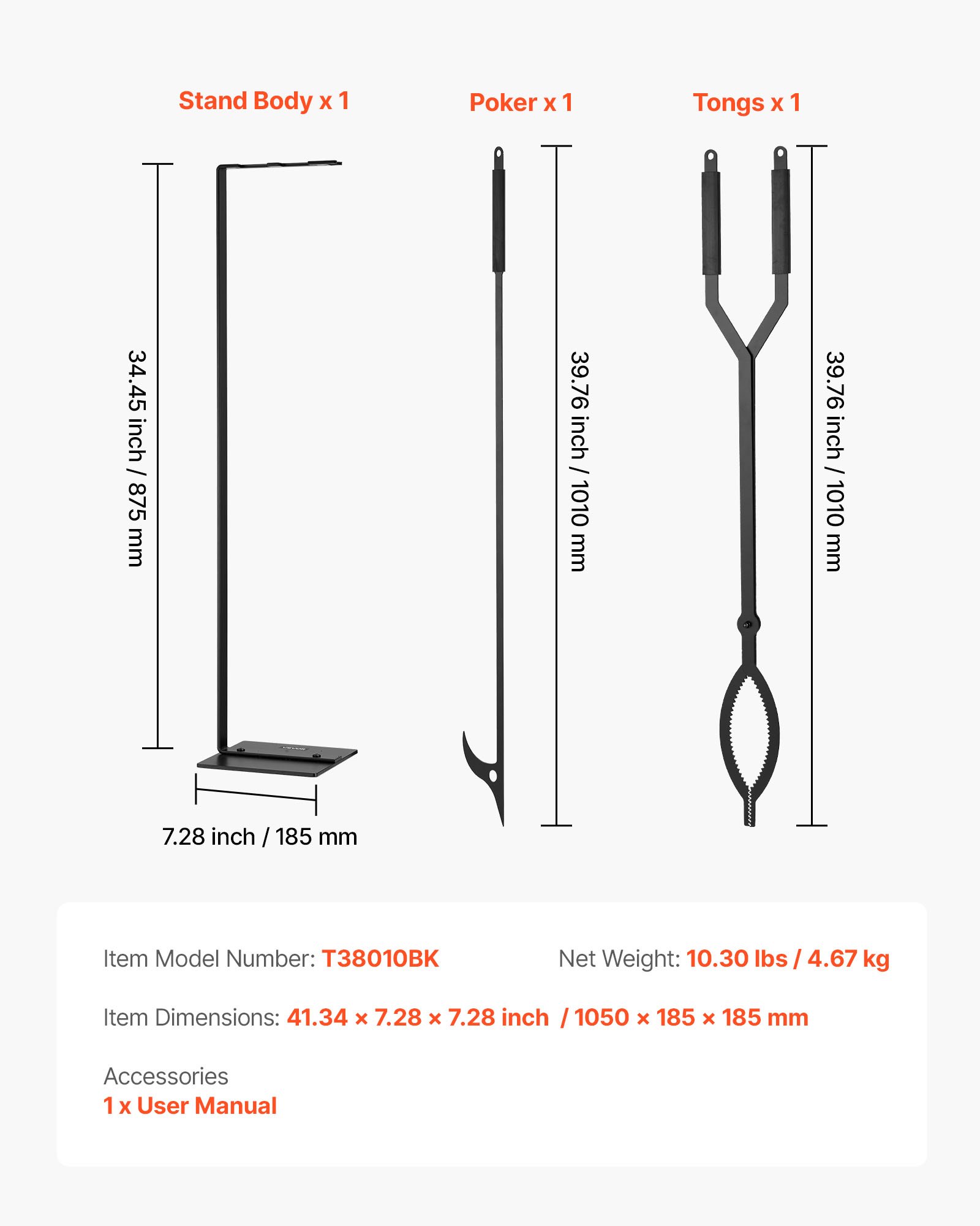 VEVOR Juego de Herramientas para Chimenea, 3 Piezas, con Soporte, Pinzas y Atizador, Hierro Forjado, para Fogatas en el Patio, Interior y Exterior, Color Negro, en Forma C, 1050 x 185 x 185 mm