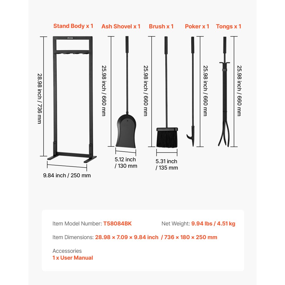 VEVOR Juego de Herramientas para Chimenea, 5 Piezas, Hierro Forjado y Acero al Carbono, con Soporte Cuadrado, Pinzas, Pala para Cenizas, Cepillo y Atizador, para Interior y Exterior, Color Negro