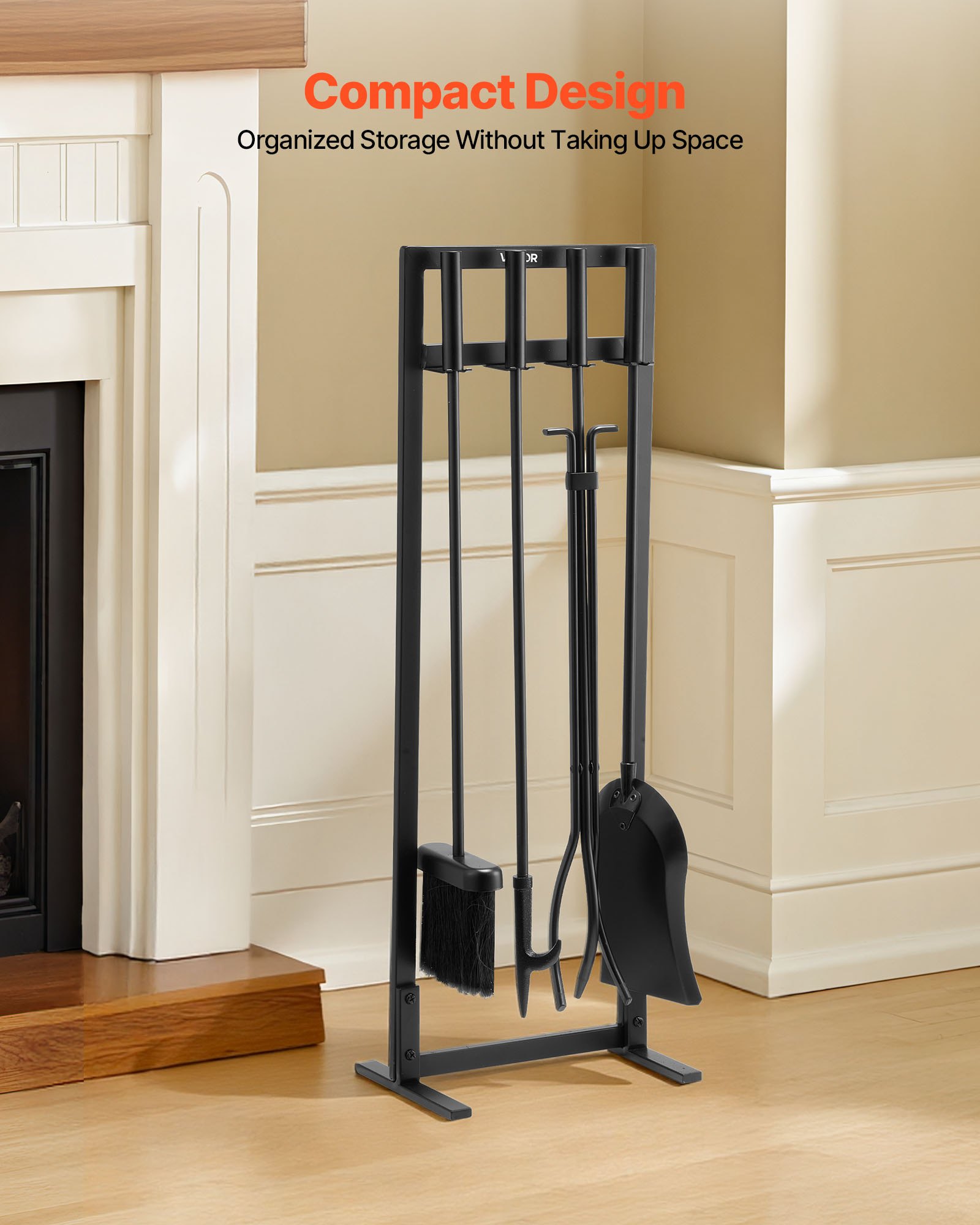 VEVOR Juego de Herramientas para Chimenea, 5 Piezas, Hierro Forjado y Acero al Carbono, con Soporte Cuadrado, Pinzas, Pala para Cenizas, Cepillo y Atizador, para Interior y Exterior, Color Negro