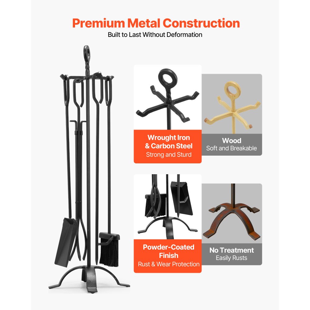 VEVOR Juego de Herramientas para Chimenea, 5 Piezas, Soporte de Cuatro Puntas, Pinzas, Pala para Cenizas, Cepillo, Atizador, Accesorio de Hierro Forjado para Fogatas, Negro, 230 x 230 x 840 mm