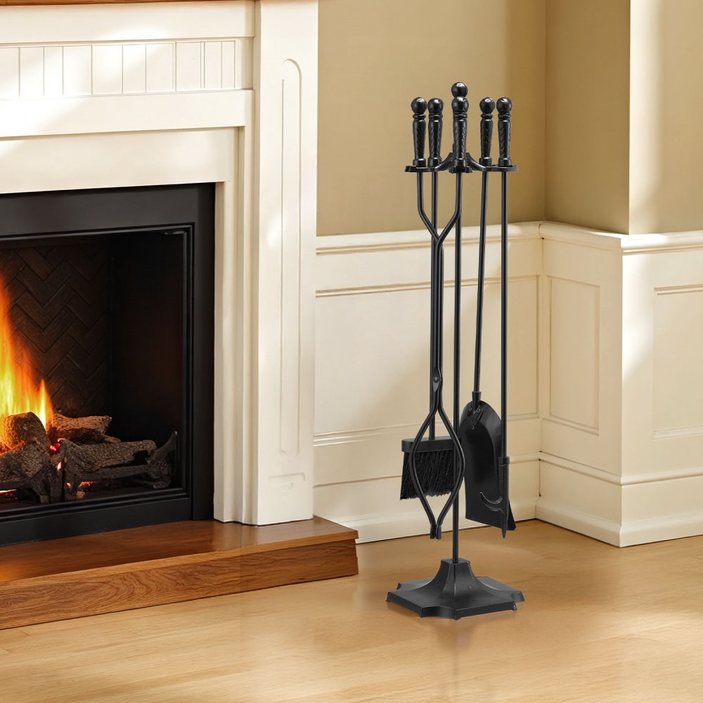 VEVOR Fireplace Tool Set, 5 PCS Fire Tool Set and Holder with Five-Prong Stand, Tongs, Ash Shovel, Brush, Fire Place Poker, Wrought Iron Fireplace Accessories for Campfire Indoor/Outdoor, Black