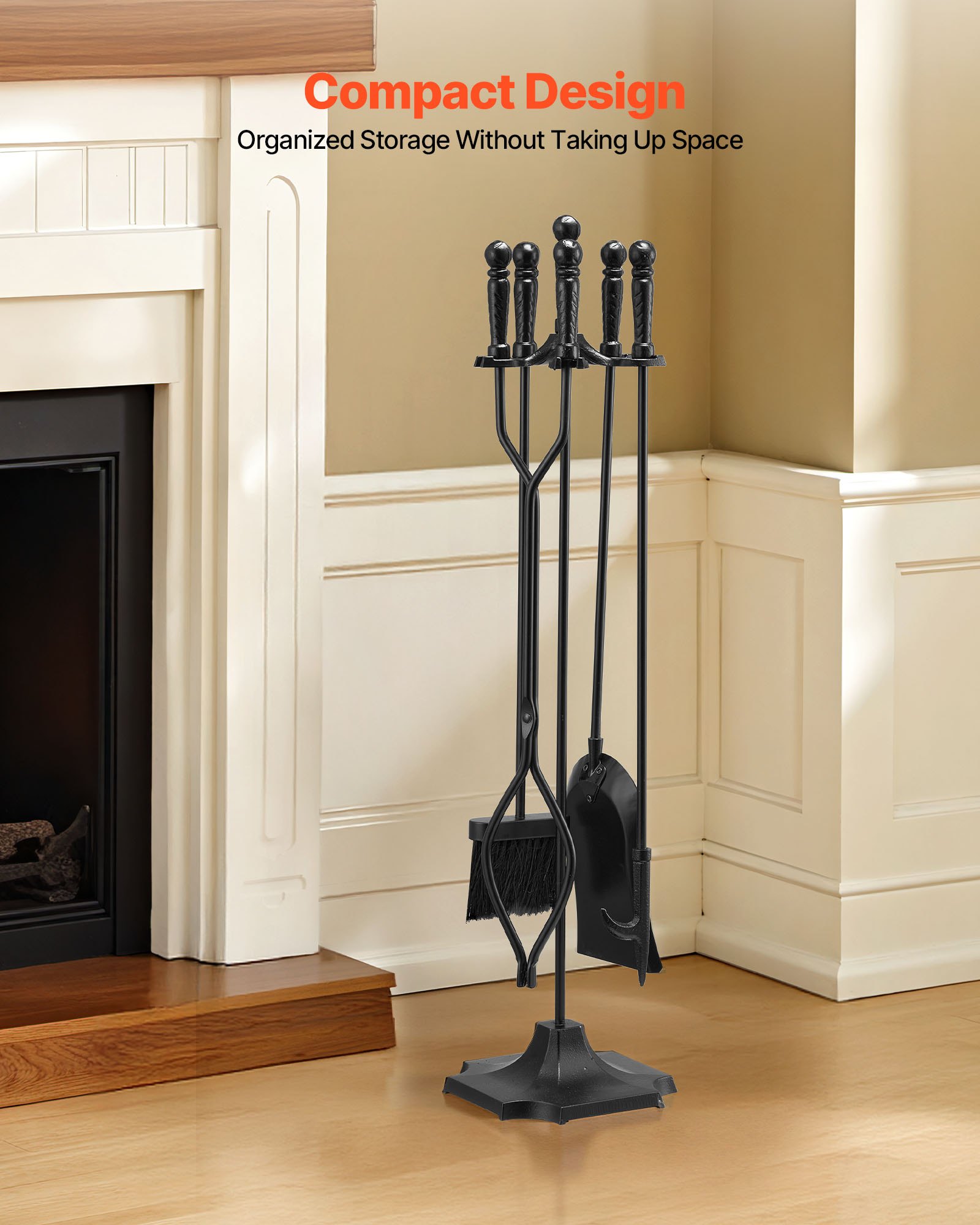 VEVOR Fireplace Tool Set, 5 PCS Fire Tool Set and Holder with Five-Prong Stand, Tongs, Ash Shovel, Brush, Fire Place Poker, Wrought Iron Fireplace Accessories for Campfire Indoor/Outdoor, Black