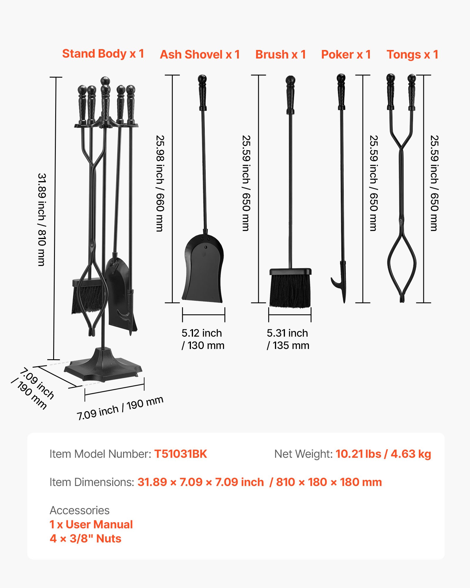 VEVOR Fireplace Tool Set, 5 PCS Fire Tool Set and Holder with Five-Prong Stand, Tongs, Ash Shovel, Brush, Fire Place Poker, Wrought Iron Fireplace Accessories for Campfire Indoor/Outdoor, Black