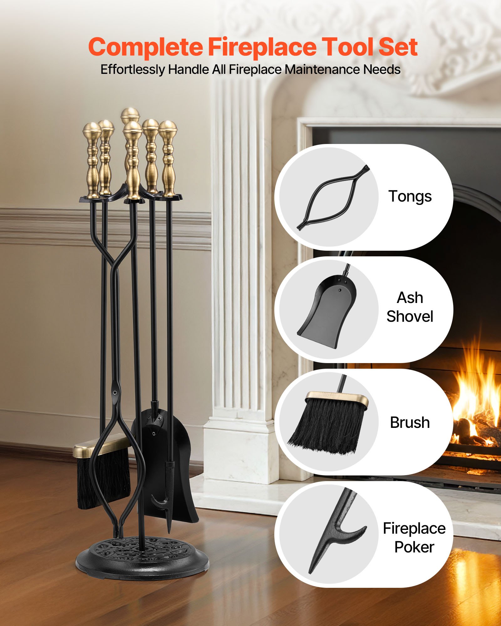 VEVOR Fireplace Tool Set, 5 PCS Fire Tool Set and Holder with Five-Prong Stand, Tongs, Ash Shovel, Brush, Fire Place Poker, Wrought Iron Fireplace Accessories for Indoor/Outdoor, Black & Brass
