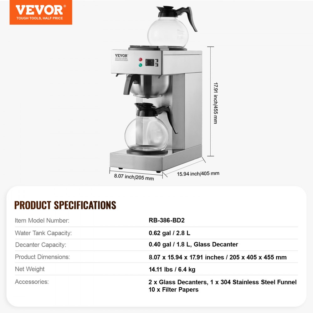 VEVOR Commercial Filter Coffee Machine, 12-Cup Coffee Maker with 2 Glass Carafes & 2 Warming Plates, Stainless Steel Pour-Over Coffee Machine for Restaurants, Offices, and Cafes