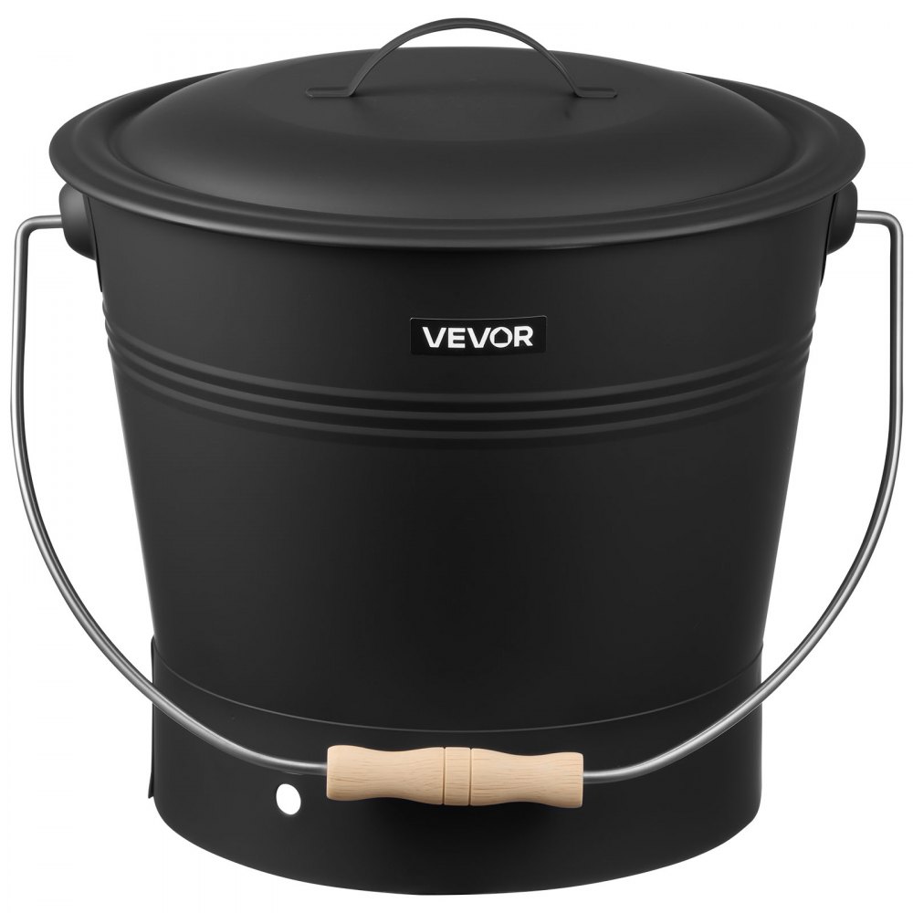 VEVOR Ash Bucket, 4 PCS with Lid, Shovel, Broom and Gloves, Metal Fireplace Charcoal Bucket and Ash Can, 9.8L Large Capacity for Fireplace, Fire Pits, Wood Burning Stoves, Indoor and Outdoor
