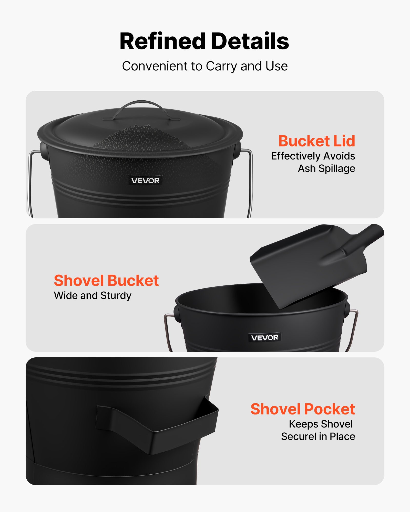VEVOR Ash Bucket, 4 PCS with Lid, Shovel, Broom and Gloves, Metal Fireplace Charcoal Bucket and Ash Can, 9.8L Large Capacity for Fireplace, Fire Pits, Wood Burning Stoves, Indoor and Outdoor