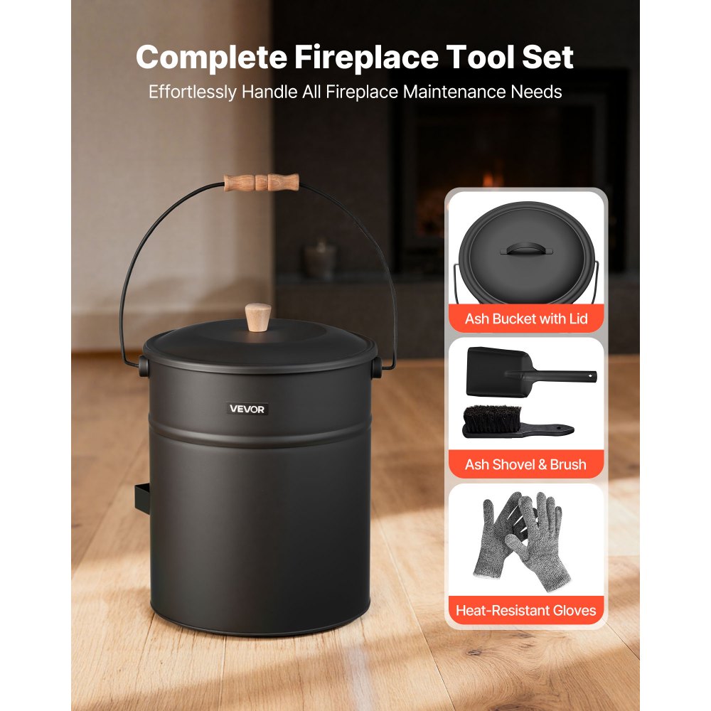 VEVOR Cubo de Cenizas con Tapa 4 en 1, Incluye Cubo para Carbón, Pala, Escoba y Guantes, Capacidad de 15 L para Chimeneas, Fogatas y Estufas de Leña, Acero al Carbono, Color Negro, 254 x 305 mm