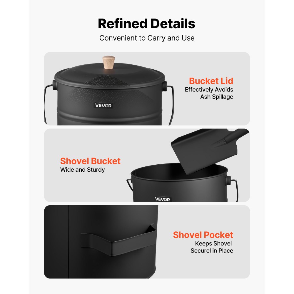 VEVOR Cubo de Cenizas con Tapa 4 en 1, Incluye Cubo para Carbón, Pala, Escoba y Guantes, Capacidad de 15 L para Chimeneas, Fogatas y Estufas de Leña, Acero al Carbono, Color Negro, 254 x 305 mm