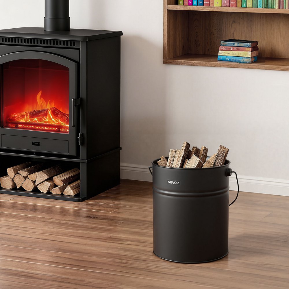 VEVOR Cubo de Cenizas con Tapa 4 en 1, Incluye Cubo para Carbón, Pala, Escoba y Guantes, Capacidad de 15 L para Chimeneas, Fogatas y Estufas de Leña, Acero al Carbono, Color Negro, 254 x 305 mm