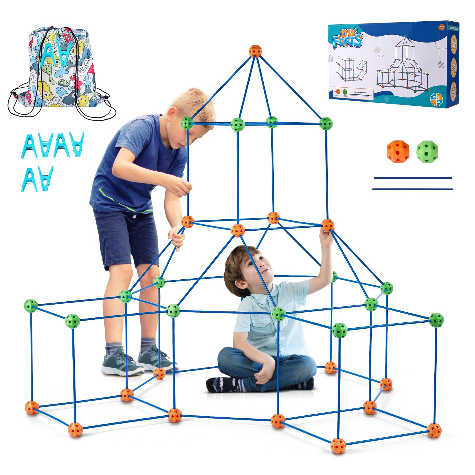 VEVOR - Kit de construcción de fortalezas para niños, 120 piezas de juguetes de construcción STEM, regalo educativo para niños y niñas de 4, 5, 6, 7 y 8 años en adelante, juego de construcción de carpas para interiores y exteriores con 80 varillas y 40 bolas