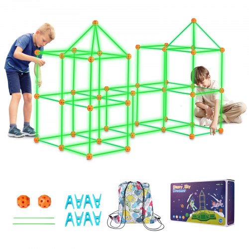 VEVOR - Kit de construcción de fortalezas para niños, 140 piezas que brillan en la oscuridad, juguetes de construcción STEM, regalo educativo para niños y niñas de 4, 5, 6, 7 y 8 años en adelante, juguetes de construcción de carpas para juegos en interiores y exteriores con 96 varillas y 44 bolas