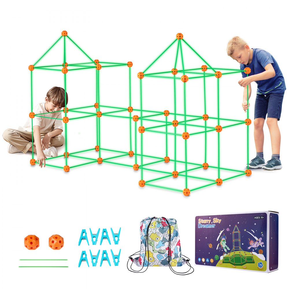 Niños jugando con el kit de tienda de campaña VEVOR con varillas verdes y conectores naranjas. Incluye bolsa y caja.