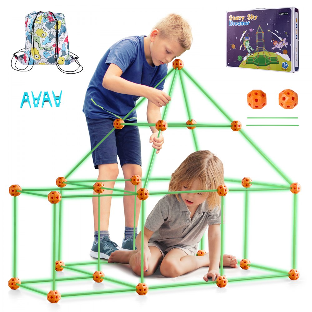 VEVOR - Kit de construcción de fortalezas para niños, 85 piezas que brillan en la oscuridad, juguetes de construcción STEM, regalo educativo para niños y niñas de 4, 5, 6, 7 y 8 años en adelante, juguetes de construcción de carpas para juegos en interiores y exteriores con 55 varillas y 30 pelotas