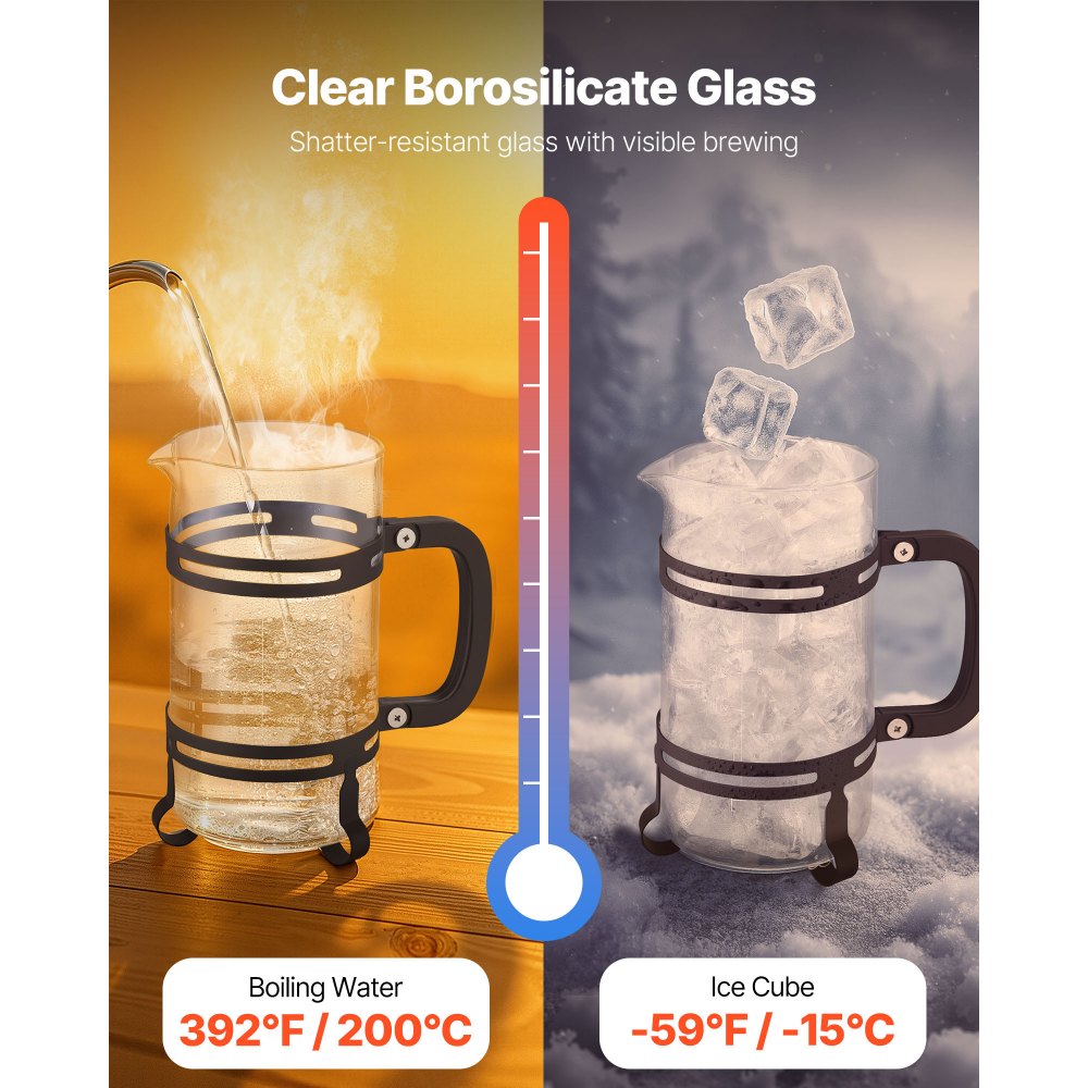 VEVOR French Press Coffee Maker, 1 Liter Borosilicate Glass Coffee Press Tea Maker with Stainless Steel Filter, Large Glass French Presses Cold Brew for Camping Travel Home Kitchen, Silver