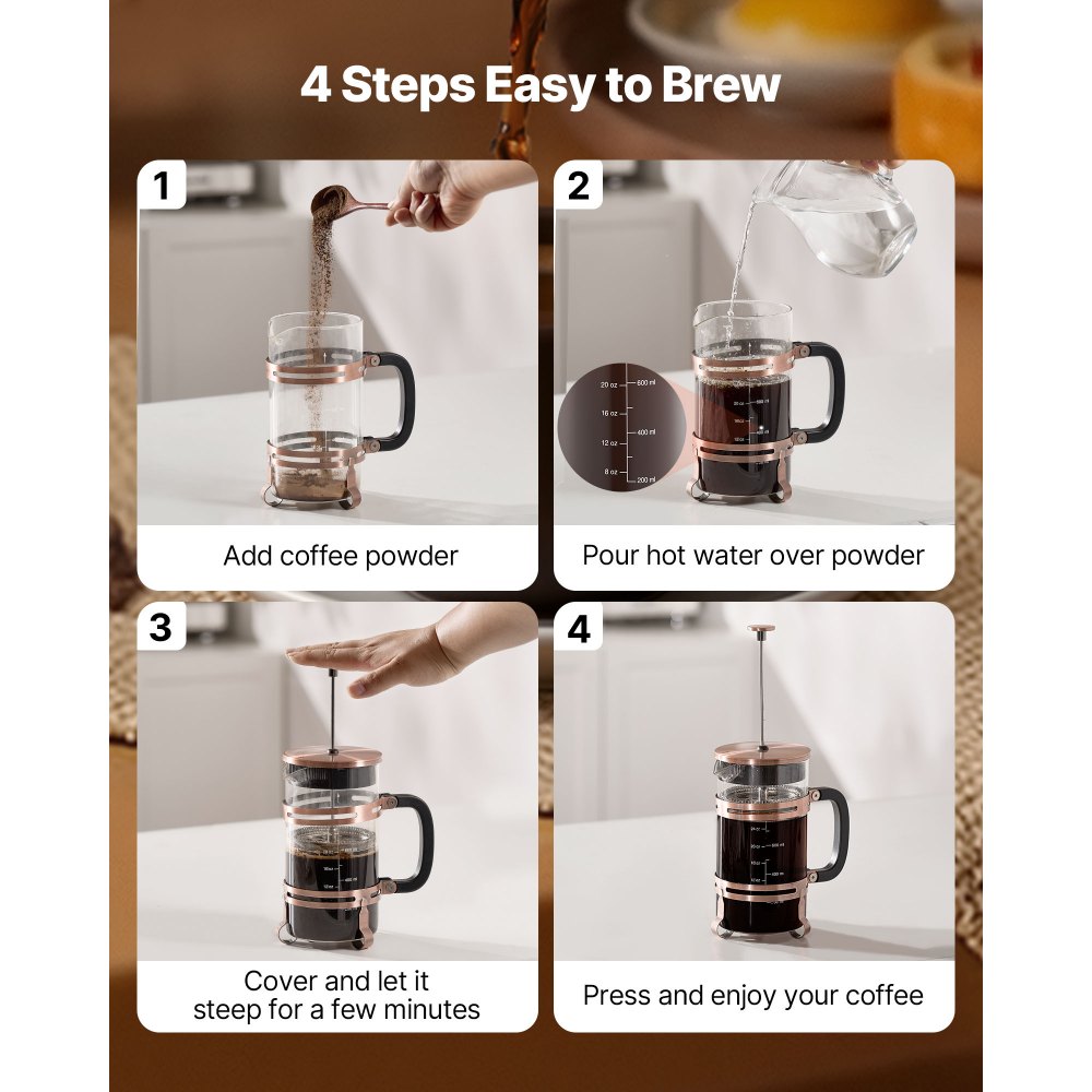 VEVOR Cafetera Francesa de Vidrio de Borosilicato 1 L, con Filtro de Acero Inoxidable, Tetera Francesa Grande, para Café Frío, para Camping, Viajes, Hogar y Cocina, Cobre, 170 x 105 x 215 mm