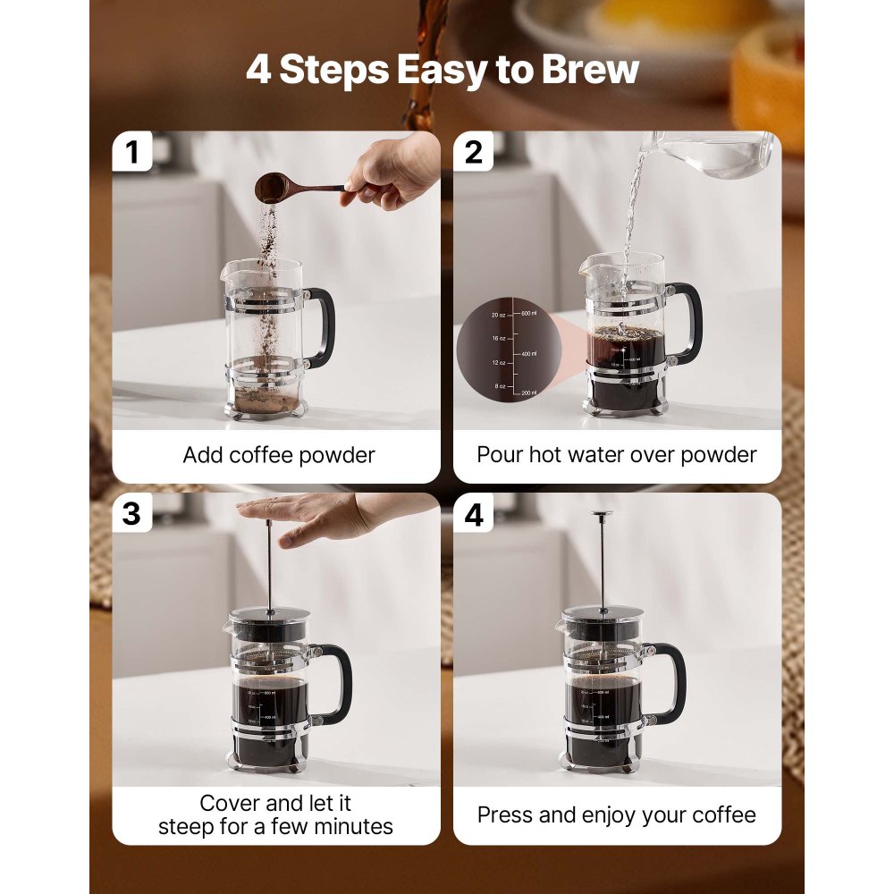 VEVOR Cafetera de Prensa Francesa de Vidrio de Borosilicato de 1 Litro con Filtro de Acero Inoxidable, para Infusión Fría, Ideal para Acampar, Viajes, Hogar y Cocina, Plata, 170 x 105 x 215 mm