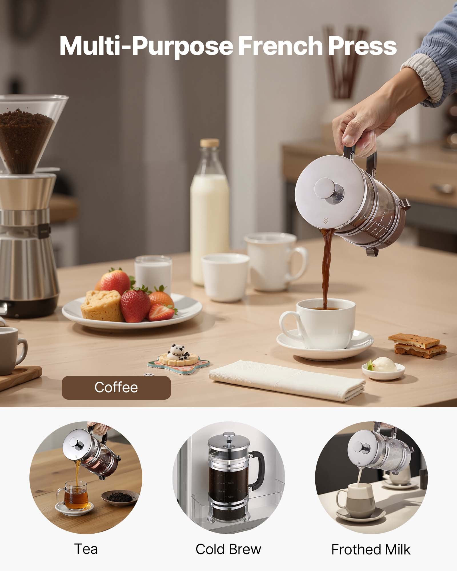 VEVOR Cafetera de Prensa Francesa de Vidrio de Borosilicato de 1 Litro con Filtro de Acero Inoxidable, para Infusión Fría, Ideal para Acampar, Viajes, Hogar y Cocina, Plata, 170 x 105 x 215 mm