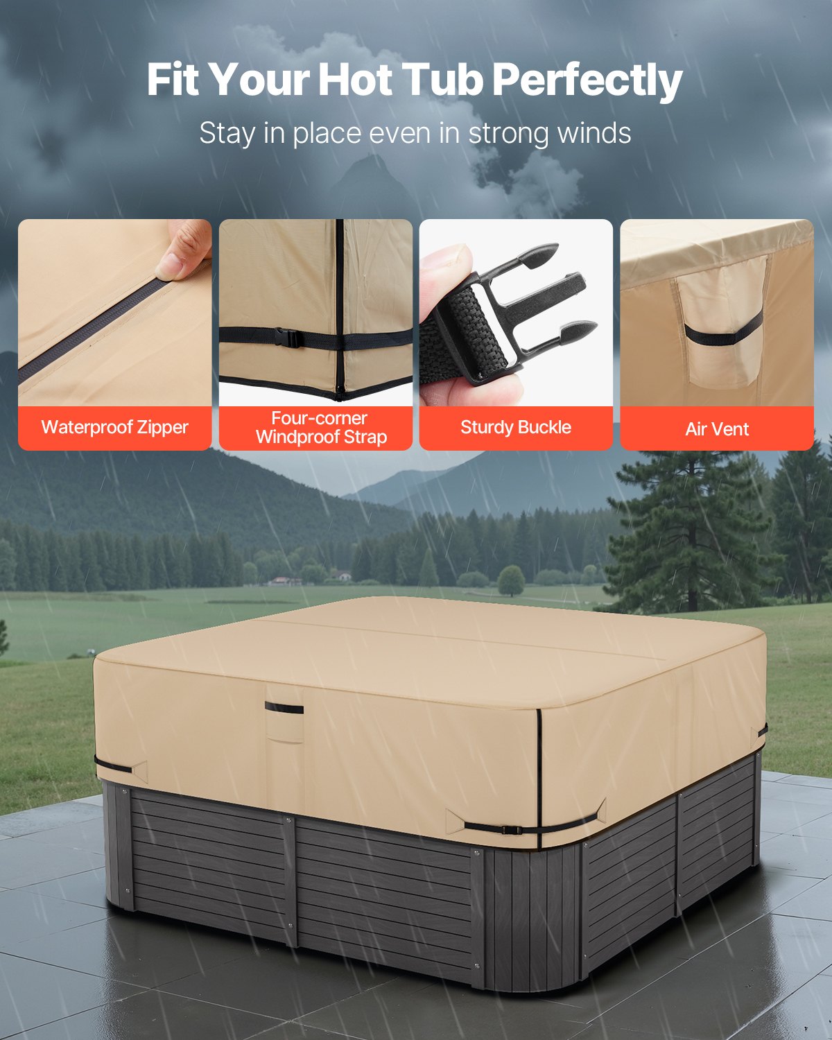 VEVOR Whirlpool Cover (2285 x 2285 x 508 mm) Weatherproof & Waterproof, Spa Cover Dustproof Cover Made of Oxford Fabric & with 950 N Tear Strength, Dustproof for Bathtubs Brown