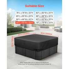 VEVOR Cubierta para Jacuzzi de Exterior 2413 x 2413 x 508 mm Cubierta de Bañera Cuadrada Resistente a la Intemperie Funda para Piscinas de Tejido Oxford 600D Resistencia al Desgarro de 950 N, Negro