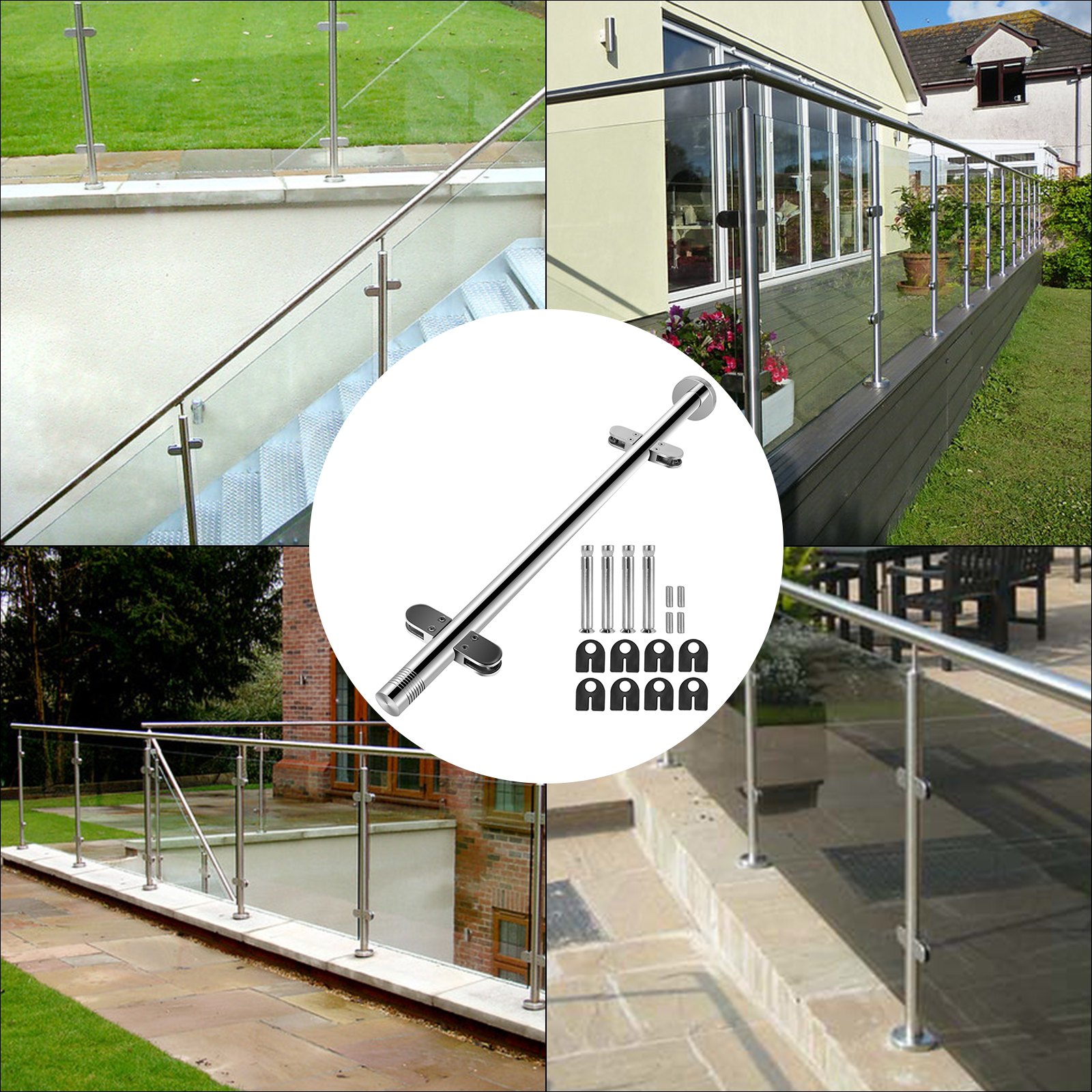 Vevor Columna Mediano Barandilla De Cristal Acero Altura De 102 Cm 4 Abrazaderas