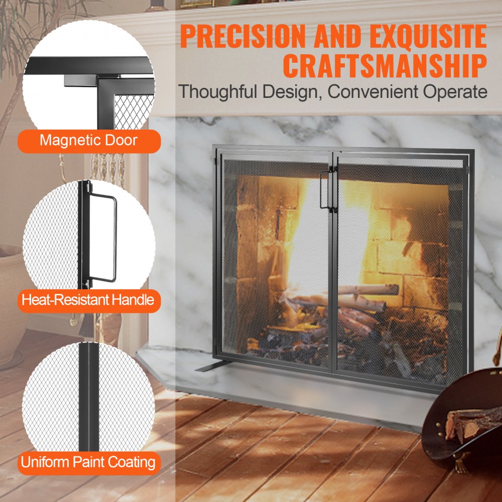 VEVOR Pantalla para Chimenea 1 Panel Salvachispas para Chimenea de Hierro 99x78 cm Resistente con Puerta Mosquitera Independiente Instalación Simple para Sala Decoración Moderna del Hogar, Negro