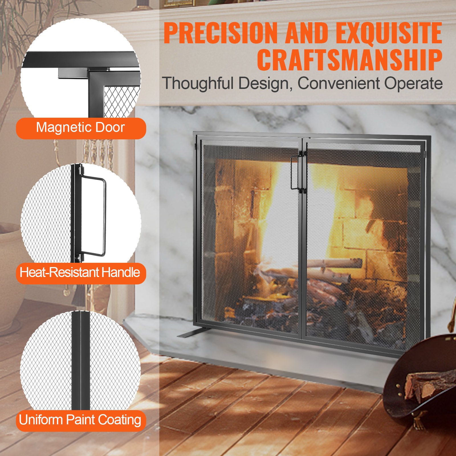 VEVOR Pantalla para Chimenea 1 Panel Salvachispas para Chimenea de Hierro 99x78 cm Resistente con Puerta Mosquitera Independiente Instalación Simple para Sala Decoración Moderna del Hogar, Negro