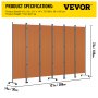 Biombo divisor de ambientes VEVOR, 5 paneles, naranja, 121&quot; x 14&quot; x 73&quot;, soporte con ruedas, 15,43 lbs, 308x36x185 cm, especificaciones del producto.