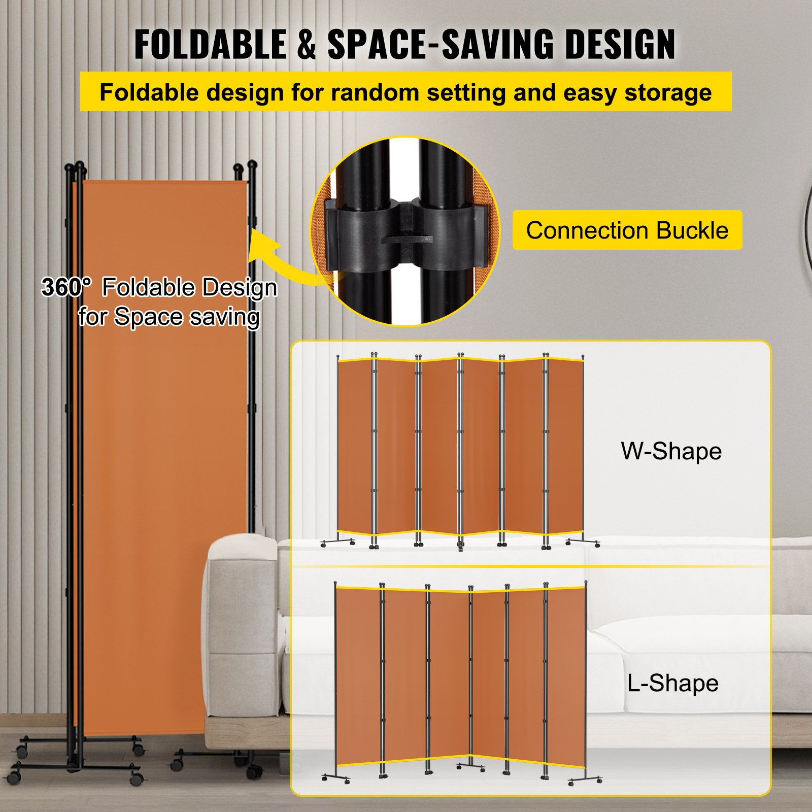 Divisor de ambientes plegable VEVOR con rotación de 360°, formas en W y L, diseño que ahorra espacio y hebilla de conexión.