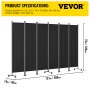 VEVOR Separador de Ambientes 6 Paneles Pantalla de Privacidad Plegable 308 x 36 x 185 cm Pantalla de Privacidad Marco de Aleación de Aluminio y Hierro para Oficinas, Hospitales, Restaurantes, Negro
