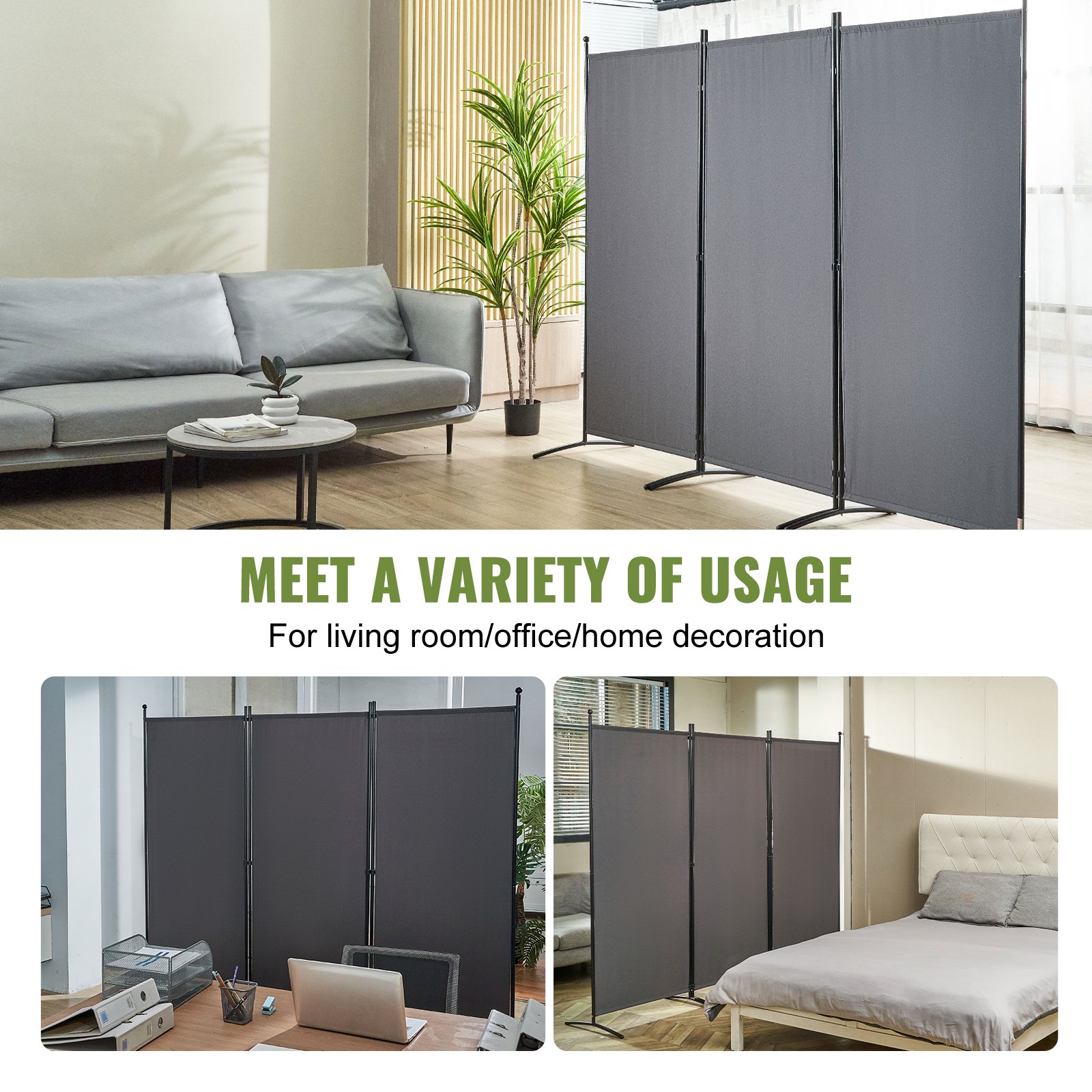 VEVOR Biombo Separador Plegable de 3 Paneles con Marco de Acero al Carbono y Tejido de Poliéster Separador de Ambientes de 226 x 51,5 x 185 cm para Oficina, Dormitorio, Comedor, Estudio, Gris Oscuro