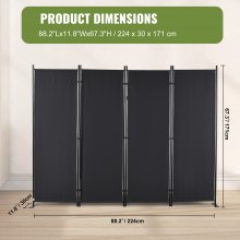 VEVOR Biombo Separador Plegable de 4 Paneles con Marco de Acero al Carbono y Tejido de Poliéster Separador de Ambientes de 224 x 30 x 171 cm para Oficina, Dormitorio, Comedor, Estudio, Negro Oscuro