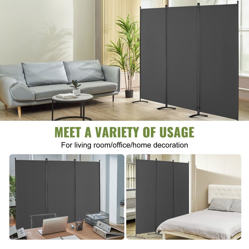 VEVOR Room Divider Partition 3-Panel Folding Screen Privacy Screen for Office, Bedroom, Dining Room, Study, Balcony, Freestanding Room Divider (228 x 52 x 184 cm), Grey