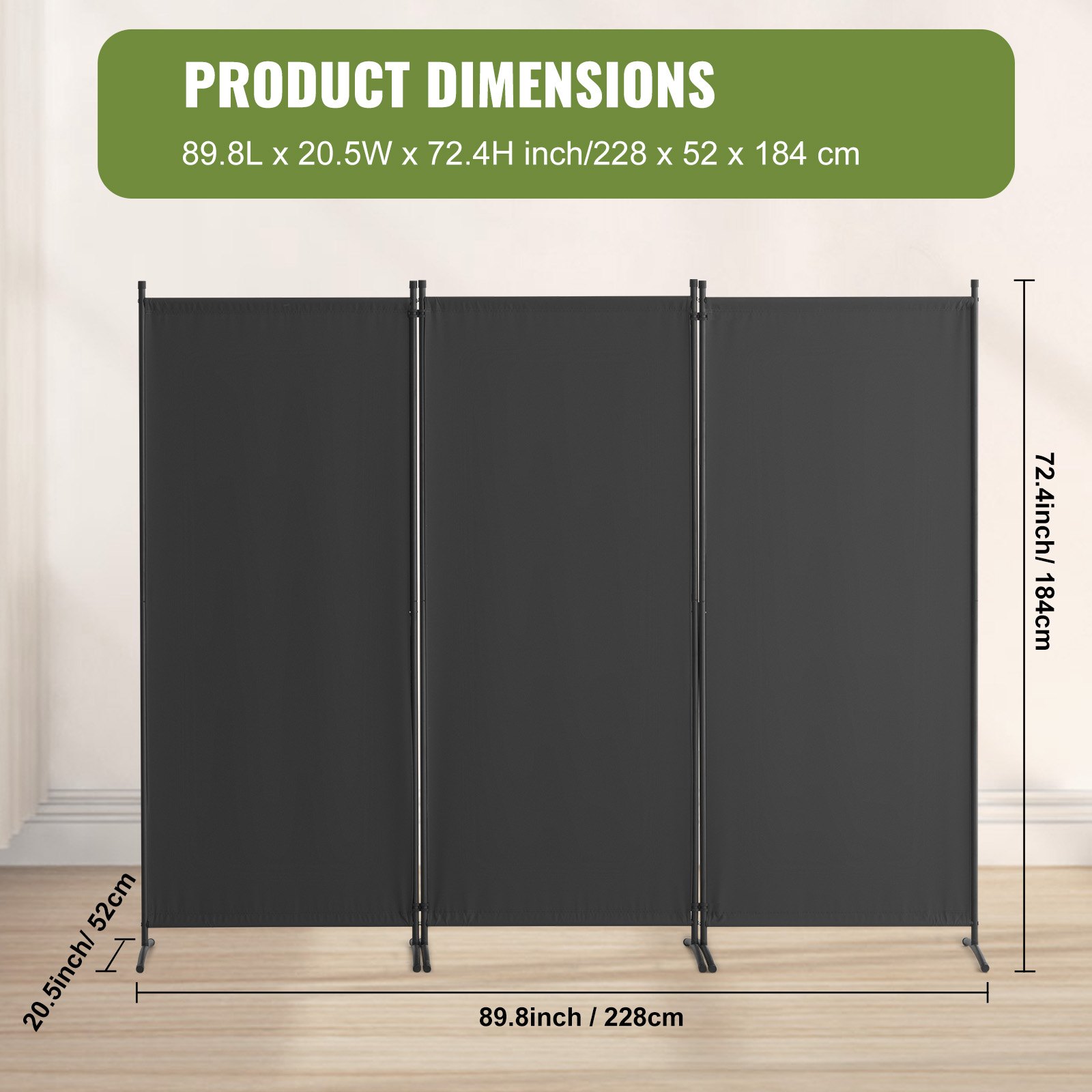 VEVOR Biombo Separador Plegable 3 Paneles con Marco de Acero al Carbono y Tela de poliéster Separador de Ambientes de Privacidad 228x52x184 cm para Oficina, Dormitorio, Comedor, Estudio, Gris