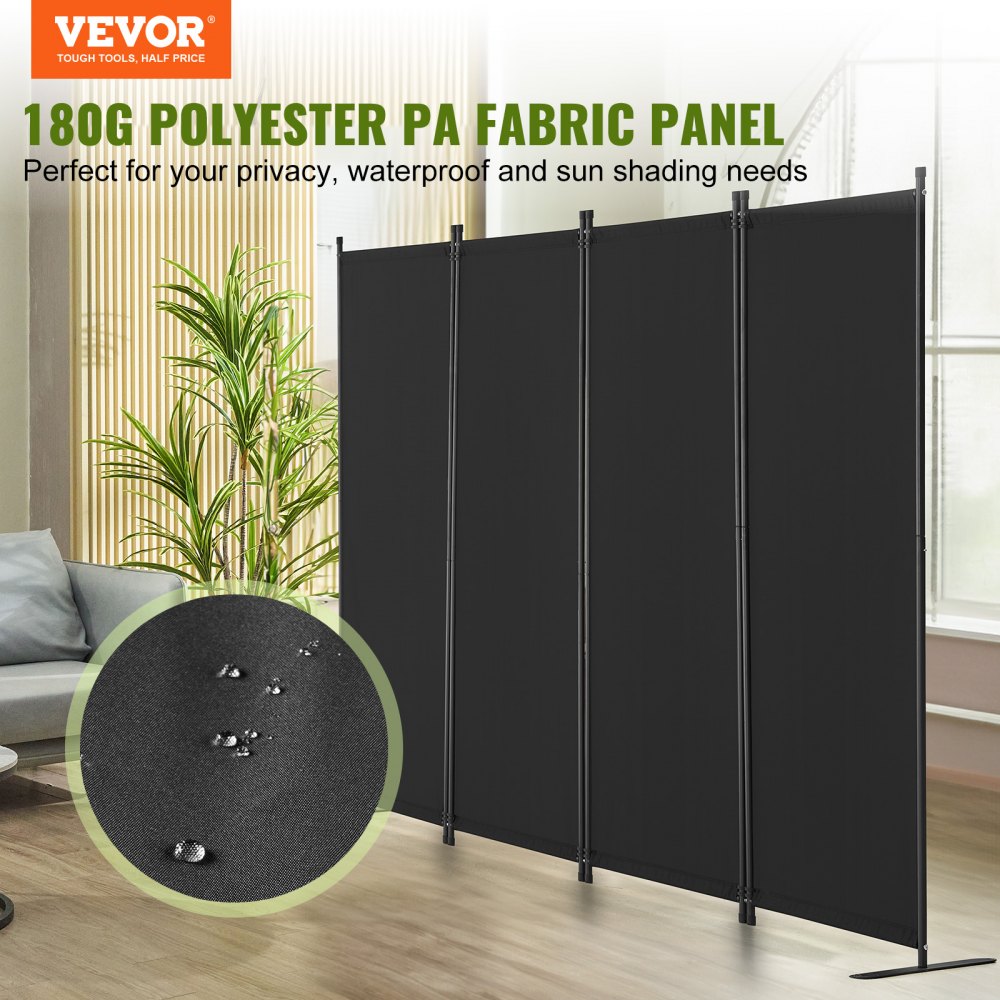 VEVOR Biombo Separador Plegable 4 Paneles con Marco de Acero al Carbono y Tela de poliéster Separador de Ambientes de Privacidad 228x45x172,5 cm para Oficina, Dormitorio, Comedor, Estudio, Negro