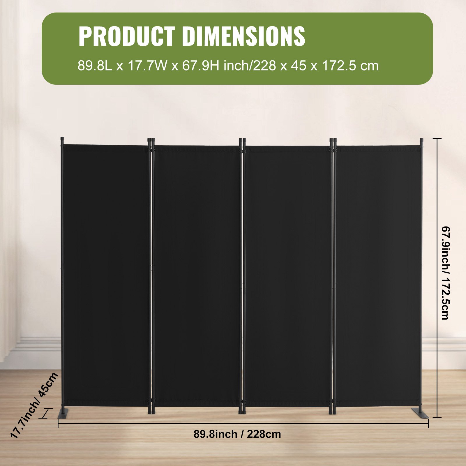 VEVOR Biombo Separador Plegable 4 Paneles con Marco de Acero al Carbono y Tela de poliéster Separador de Ambientes de Privacidad 228x45x172,5 cm para Oficina, Dormitorio, Comedor, Estudio, Negro