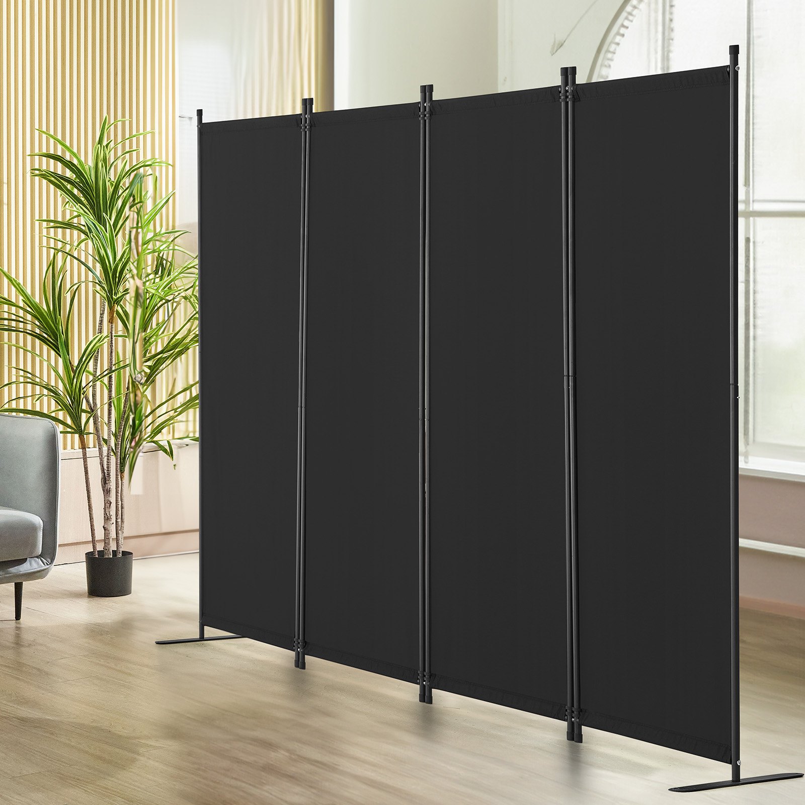 VEVOR Biombo Separador Plegable 4 Paneles con Marco de Acero al Carbono y Tela de poliéster Separador de Ambientes de Privacidad 228x45x172,5 cm para Oficina, Dormitorio, Comedor, Estudio, Negro