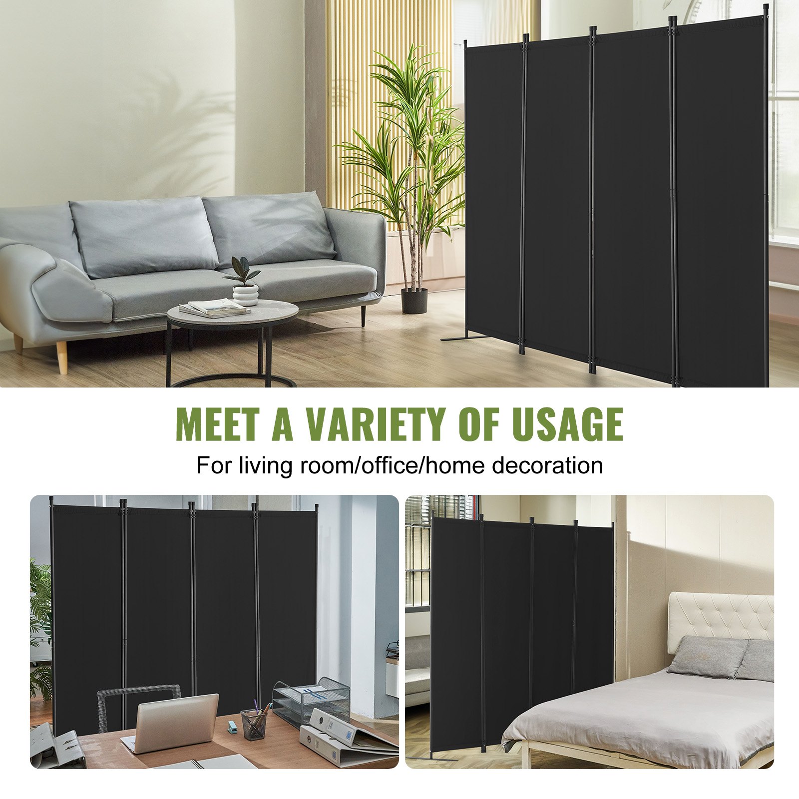 VEVOR Biombo Separador Plegable 4 Paneles con Marco de Acero al Carbono y Tela de poliéster Separador de Ambientes de Privacidad 228x45x172,5 cm para Oficina, Dormitorio, Comedor, Estudio, Negro