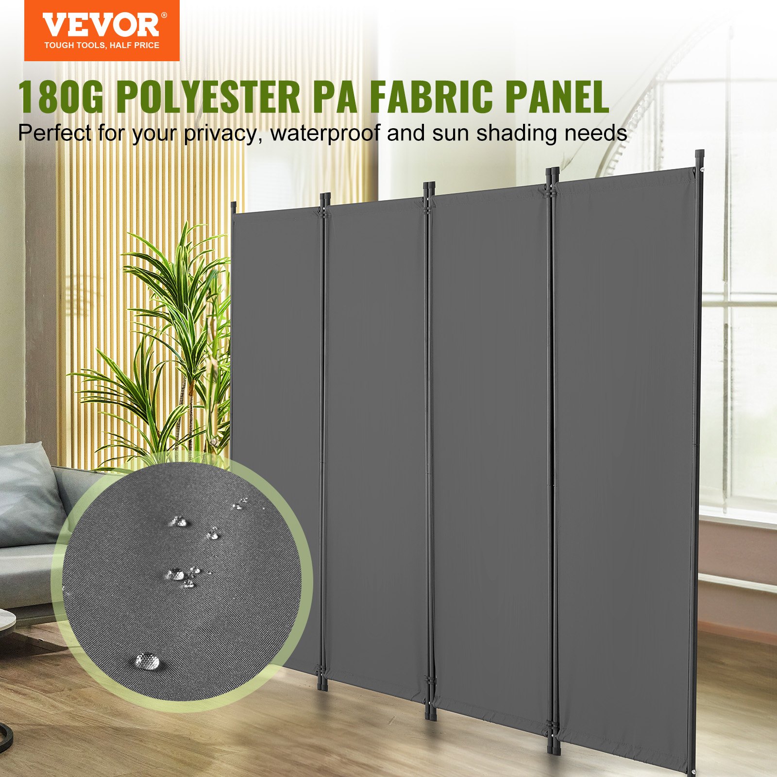 VEVOR Biombo Separador Plegable 4 Paneles con Marco de Acero al Carbono y Tela de poliéster Separador de Ambientes de Privacidad 228x45x172,5 cm para Oficina, Dormitorio, Comedor, Estudio, Gris